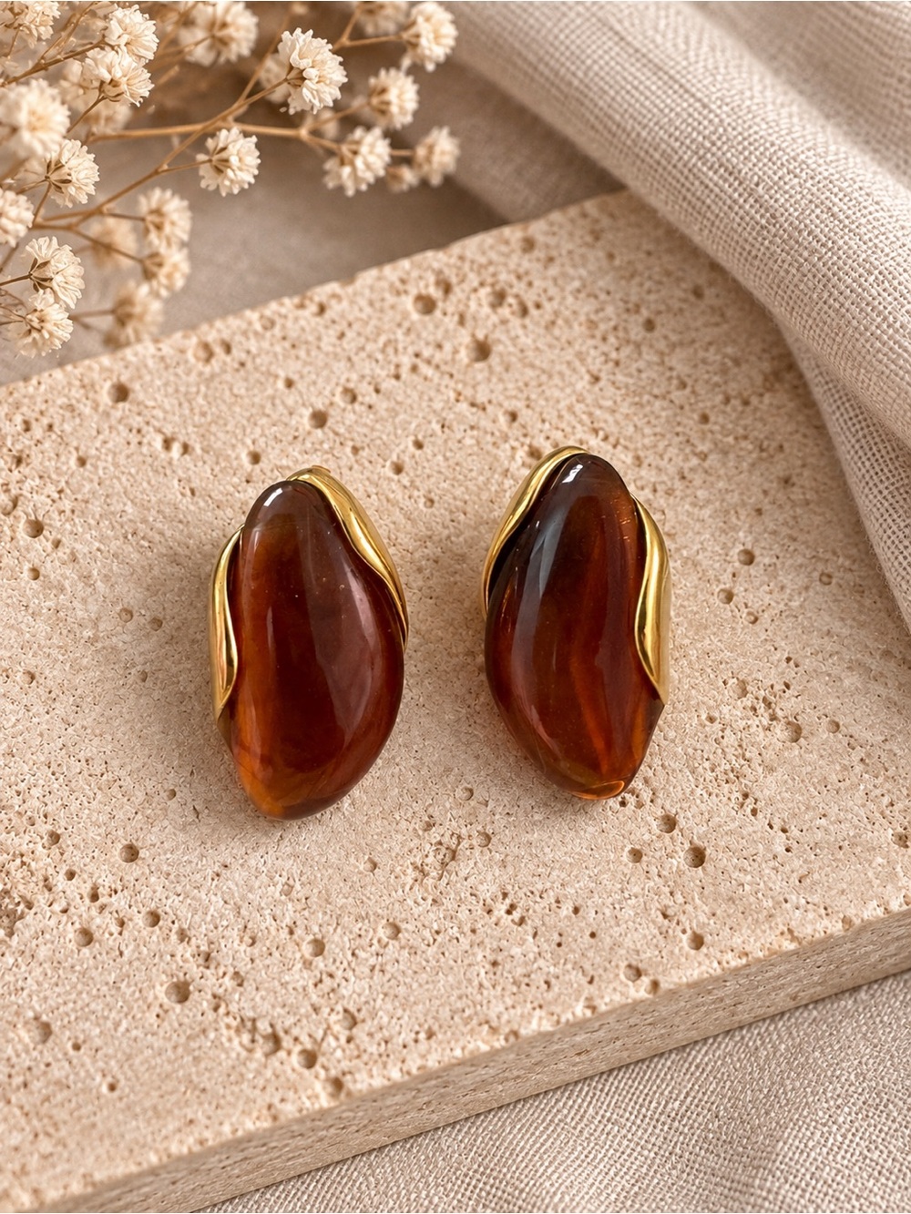 Amber Brown Resin Geometric Earrings - Stainless Steel
